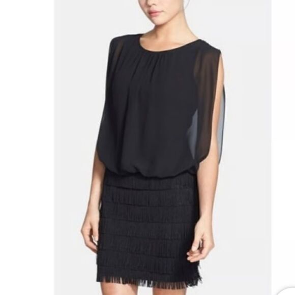 Aidan By Aidan Mattox Fringe Detail Chiffon Blouson Dress in black size 2 - Picture 4 of 15